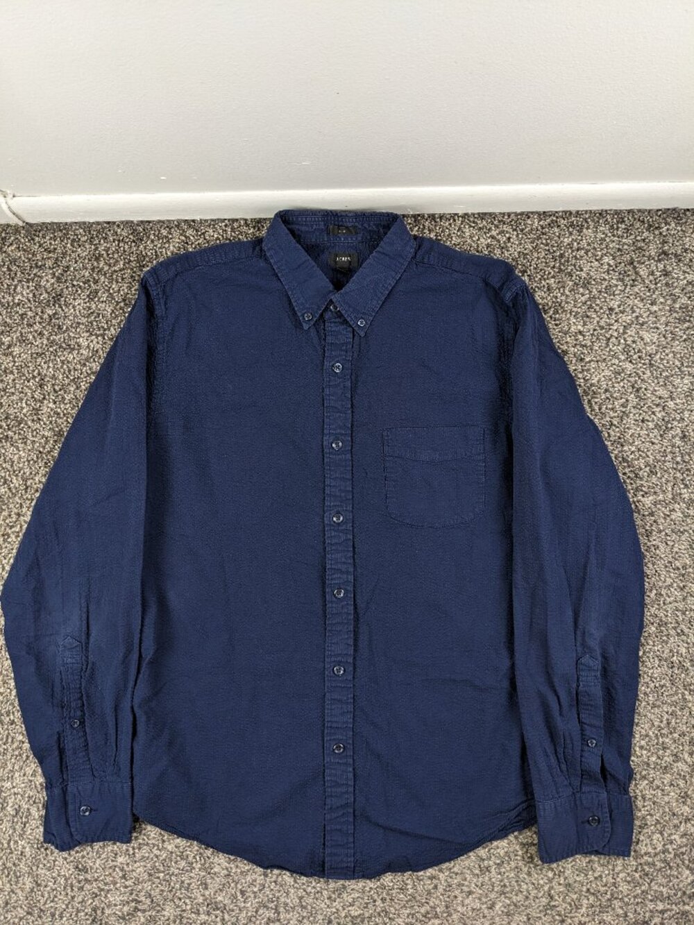 J Crew Shirt Seersucker Cotton Long Sleeve Button Navy Blue Mens Large Slim Fit